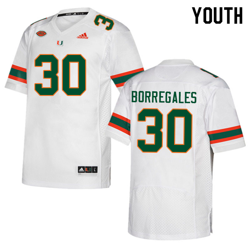 Youth #30 Andres Borregales Miami Hurricanes College Football Jerseys Sale-White - Click Image to Close